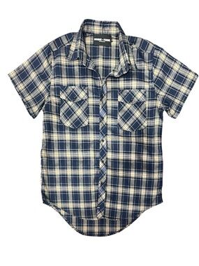 HOMME + FEMME Navy Blue Cream Plaid Short Sleeve Flannel Shirt Men's Size XL